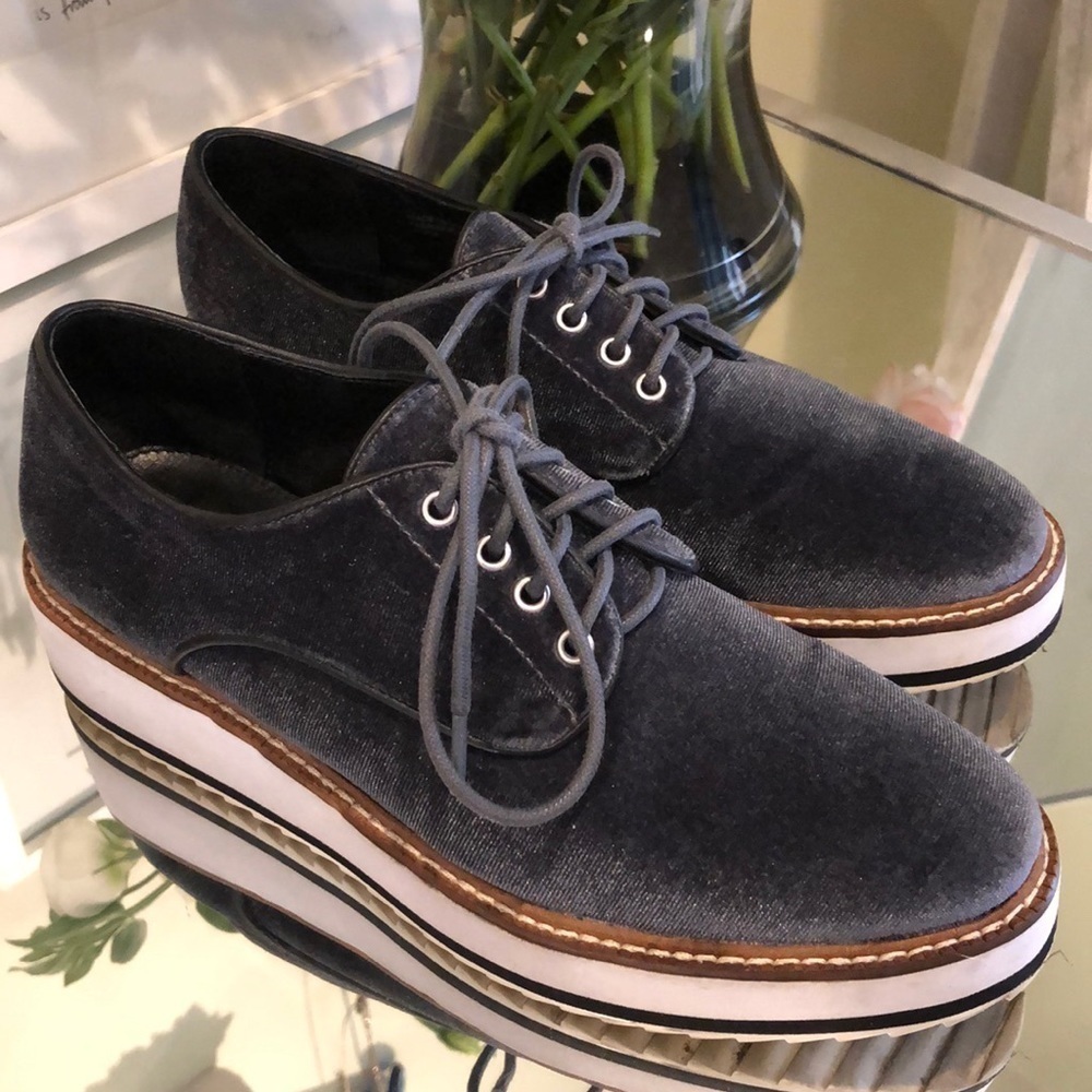 Shellys London Dark Grey Velvet Platform Shoes, size 5.5